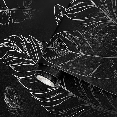 Black Peel and Stick Wallpaper 17.7x300 Feather Wallpaper Removable Modern Vinyl