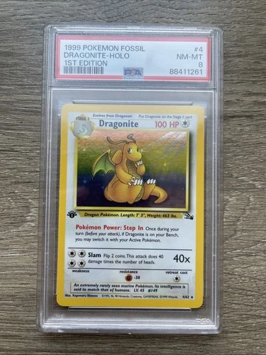 🔥Dragonite 4/62 Fossil 1st Edition Holo Rare 1999 Pokemon Wizard Nintendo PSA 8