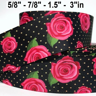 GROSGRAIN RIBBON 5/8'',7/8'',1.5'', 3''  Flowers Roses F1W Pink Mother's Day Spring 