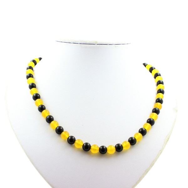 Halskette Perlen Schwarzer Achat + Gelber Achat 8 Mm Kette Aus Edelstahl-image