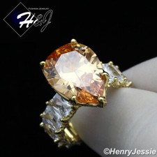 WOMEN 925 STERLING SILVER PEAR CUBIC ZIRCONIA GOLD PLATED ENGAGEMENT RING GR129