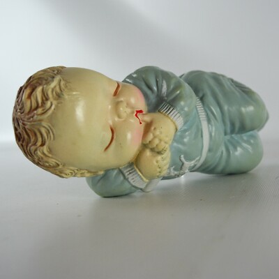 Irwin Sleeping Baby Boy Squeak Toy Crying Lying Vinyl Plastic Blue Vintage 