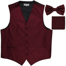 New Men's Formal Vest Tuxedo Waistcoat bowtie hankie set stripes burgundy
