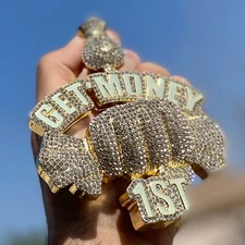 14K Gold Plated "Get Money 1st" Cash Fist Huge Jumbo Pendant Iced Bling Out CZ