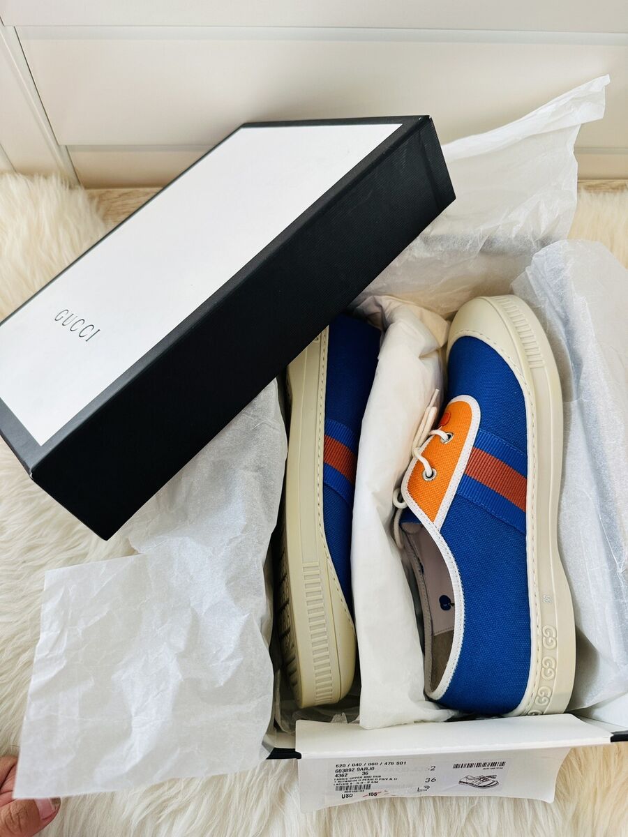 NIB GUCCI Kids Size 36 Sneakers Shoes Blue Orange Web Women NIB GUCCI Kids Size 36 Sneakers Shoes Blue Orange Web Women