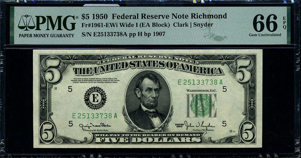 FR. 1961 EWi $5 1950 Federal Reserve Note Richmond E-A Block Gem PMG CU66 EPQ - Image 2 of 3