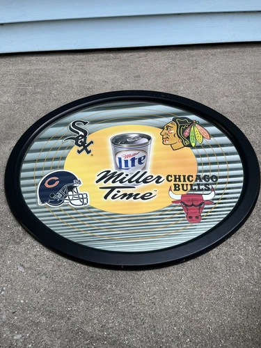 Miller Lite Time Chicag Bears Bulls Sox Hawks Bar Sign Mirror Mancave Beer Vtg