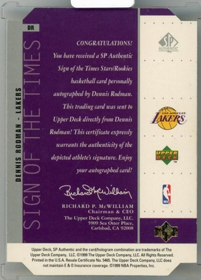 1998-99 UD SP Authentic Dennis Rodman on card Auto Sign of the 