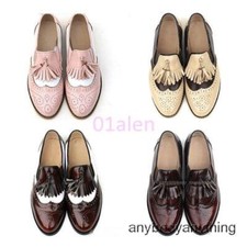 Womens Retro Slip on Brogue Flat Oxfords Wing Tip Real Leather Shoes Tassel Pump