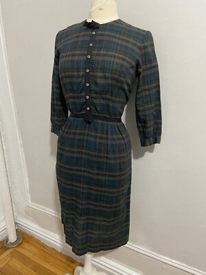 60s Helen Whiting Green Plaid Sheath Vintage Dress UK