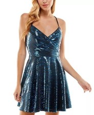 City Studios Women's Sequin Fit & Flare Mini Dress Sleeveless Sapphire/Black 3/4