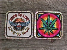 1970s ORIG 2 BIKER MOTORCYCLE STICKERS LIVE TO RIDE SKULL + POT LEAF REFLECTIVE