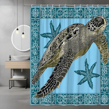 Sea Turtle Shower Curtain Blue Ocean Starfish Graphic Decor