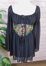 Cider Dress Womens Medium Black Floral Corset Waist Chiffon Boho Peasant Mini