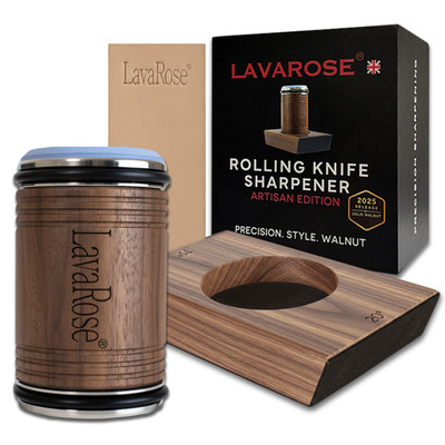 LavaRose Rollmesserschärfer.  Premium Sockel & Rolle aus massivem Nussbaum