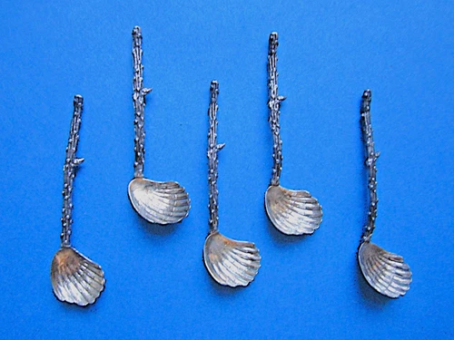 Set of 5 Gorham Narragansett Aesthetic Sterling Silver Twig & Shell Salt Spoons
