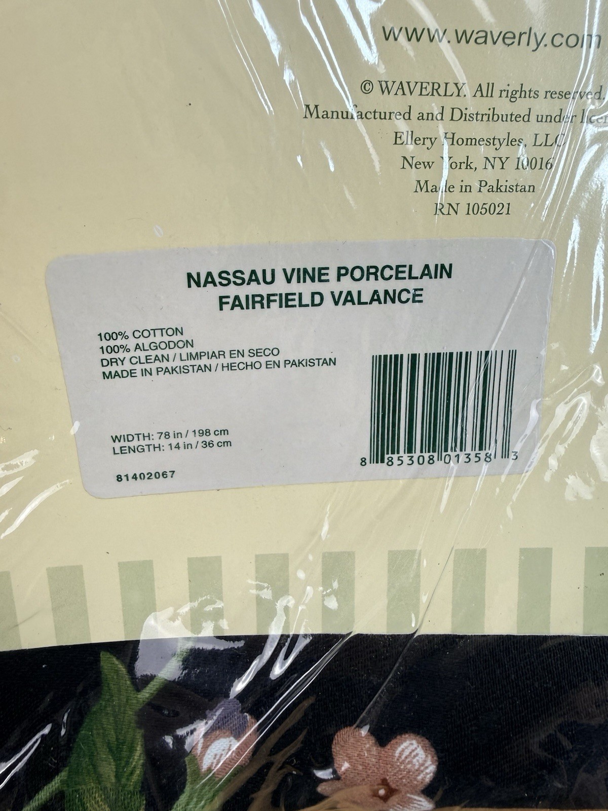 WAVERLY Fairfield Valance Nassau Vine Porcelain 14 x 78” Black Green Floral New