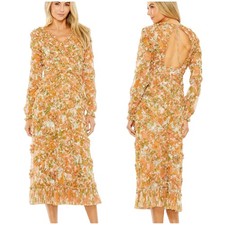 Mac Duggal NWT Floral Print Cutout Back Tea-Length Dress Size 2 Ruffle Layers
