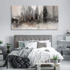 Nyc Skyline Painting Wall Art Grey Buildings Picture for Living Room Modern H...