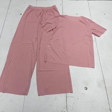 Loungewear Set Womens M Pink Ribbed 2 Piece Short Sleeve Top Wide Leg Pants