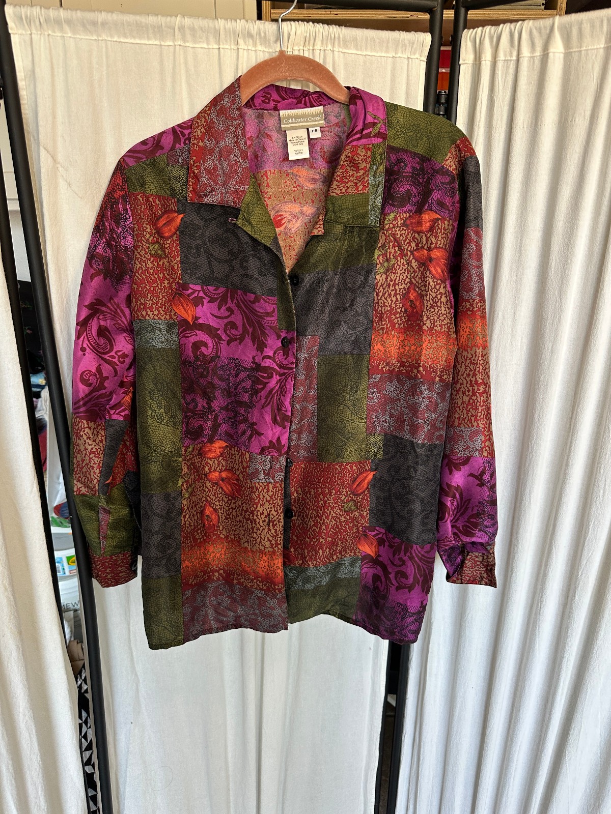 Medium 100% Silk Patchwork Multicolor Button up C… - image 3