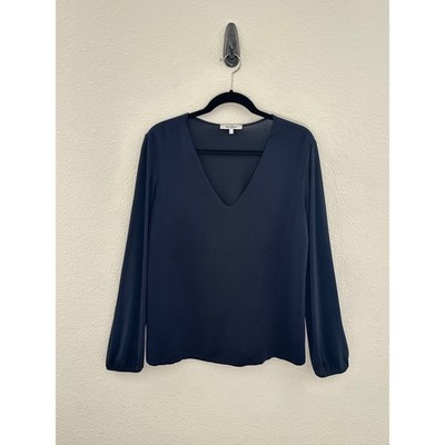 MaxMara Navy Blue Silk Blend V-Neck Long Sleeve Blouse Luxe XL