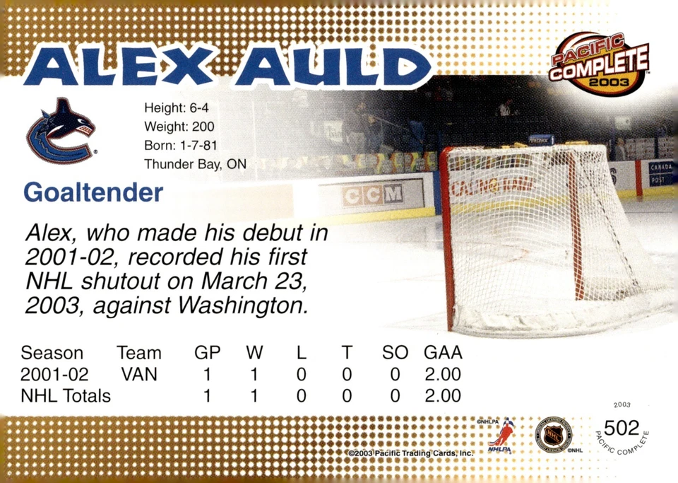 Alex Auld - Signed 2002-03 Pacific Complete Rookie Card #502 - Image 2 of 2