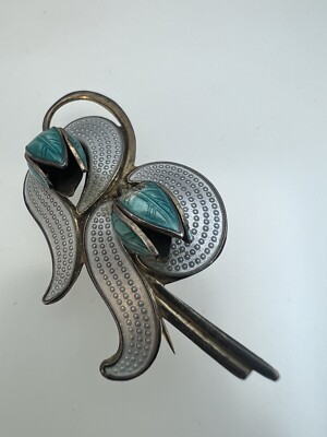 Vintage Aksel Holmsen Brosche aus Sterlingsilber 925 Emaille Blume Grün
