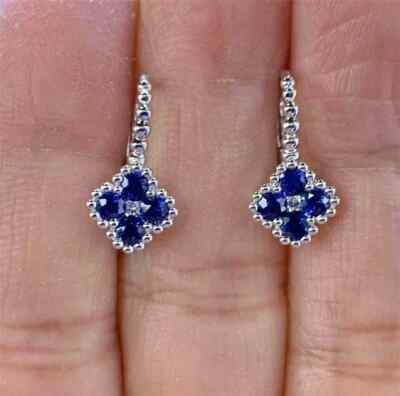 2Ct Round Lab Created Sapphire Flower Drop Dangle Earrings 14K White Gold Plated