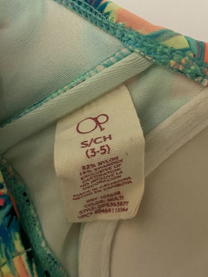 Traje de baño OP niñas pequeño 3/5 naranja verde naranja floral dos piezas elástico Foto 3 de 4