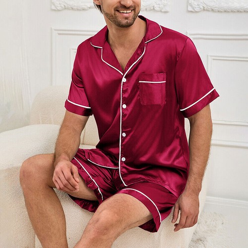 Lässiger Herren Seide Satin Pyjama Set Oberteil und Shorts Nachtwäsche Nachtwäsche Pyjama  - Bild 2 von 28