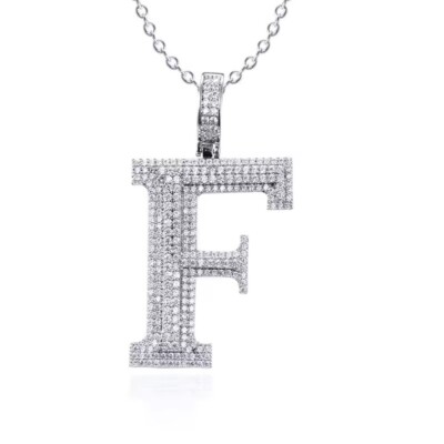 D/FL Round Cut Real Moissanite 14K White Gold Over Initial Letter F Pendant 2''