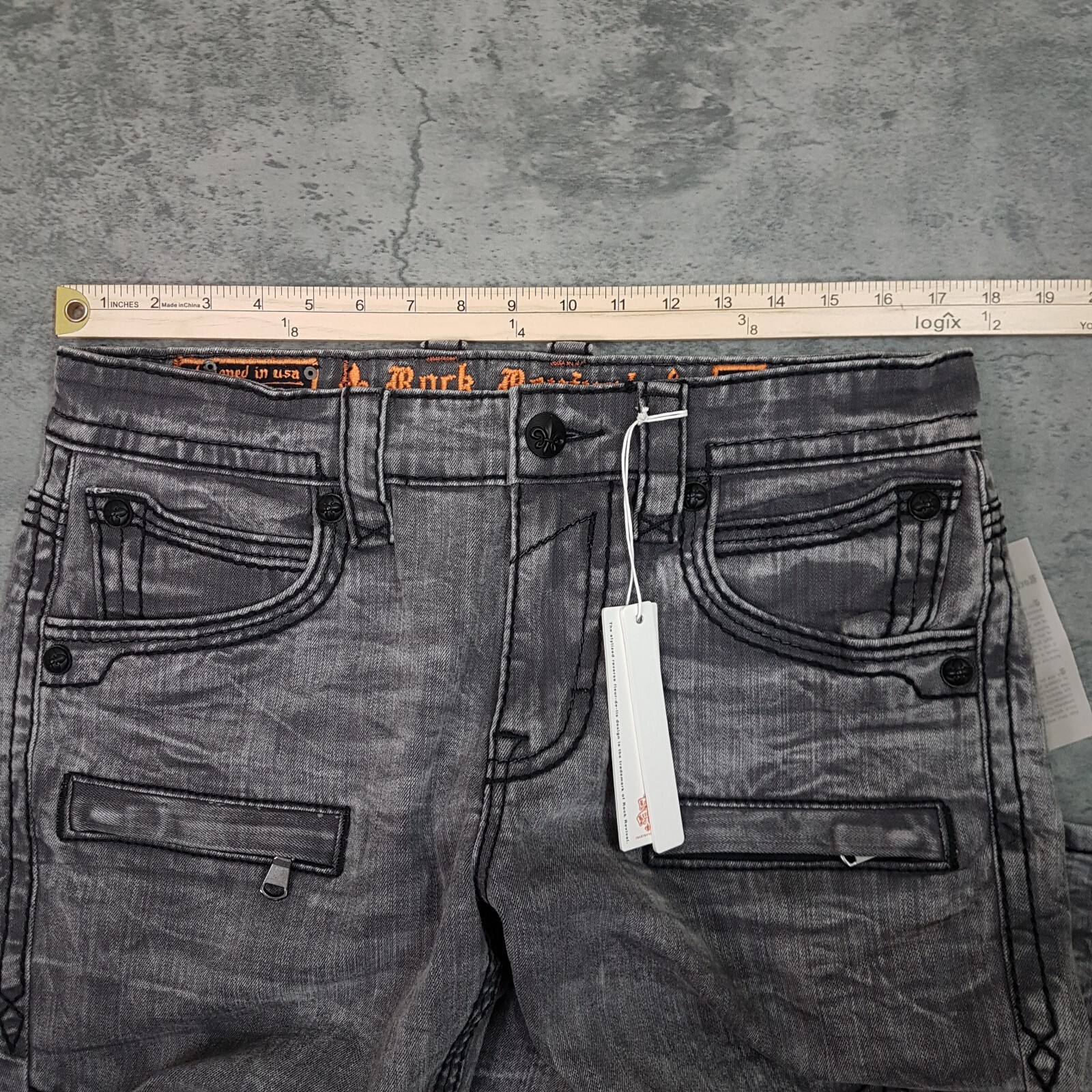 ROCK REVIVAL Mike Biker Tapered Distressed Jeans Mens Size 34x34 Grey Black