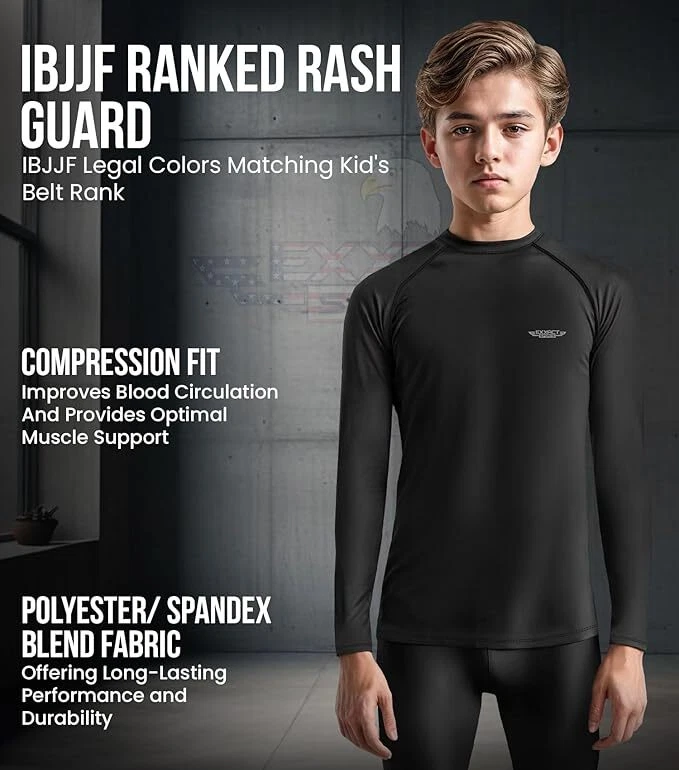Exxact Sports Long Sleeve Kids BJJ Rash Guard, No Gi Compression Shirt - Image 2 of 4