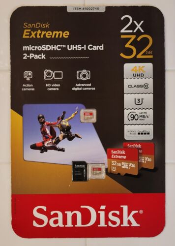 SanDisk 32GB EXTREME PLUS SDHC UHS-I CARD SDSQXNE-032G-ACDAT 2 PACK - Afbeelding 1 van 2