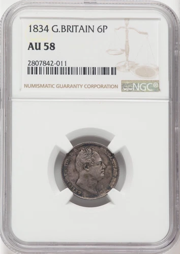 GREAT BRITAIN WILLIAM IIII  1834 6  PENCE SILVER COIN NGC ALMOST UNCIRCULATED 58