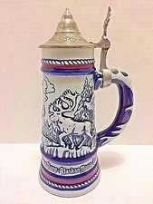 Vtg Avon Blue Outdoor Mountain Goat Condor Eagle Falcon Sheep Lidded Beer Stein