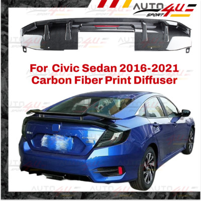 Fits 2016-2021 Honda Civic Sedan Carbon Fiber Print ABS Rear Bumper Diffuser LED