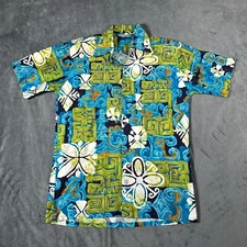 Vintage Barefoot in Paradise Hawaiian Shirt Size Small Blue Green Floral 70s