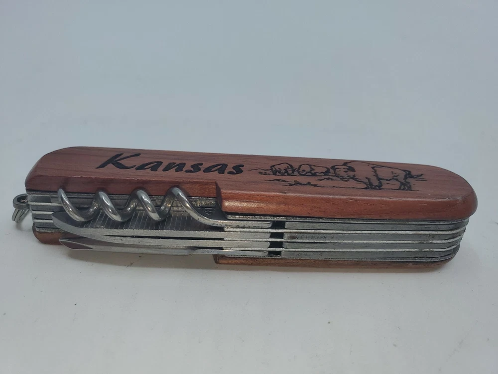 Multi-tool Pocket Knife Letter "T" Kansas Buffalo Engraved  On Wood  Handle