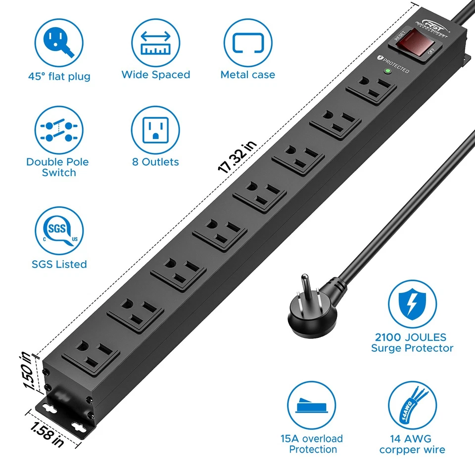 8 Outlet Heavy Duty Surge Protector Power Strip Bar 2100 J oules 15A Circuit 6FT - Image 2 of 4