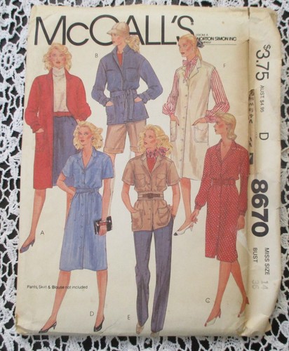 McCall s 8670 Misses Coat Dress, Shirt Jacket, Dress or Jumper & Belt Size 14