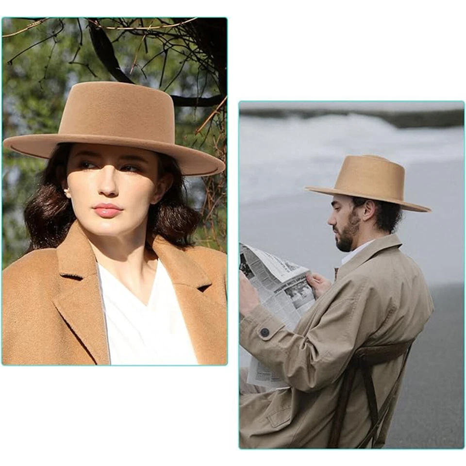 Cappello piatto uomo donna grande largo tesa feltro panama chiesa derby top berretto - Immagine 4 di 4