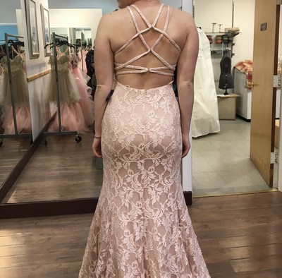 light pink lace prom dress