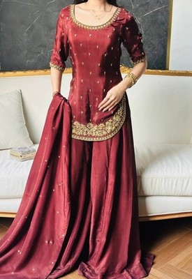 Stylish Natural Crep Silk Maroon Top Palazzo With Dupatta For Functional Wear