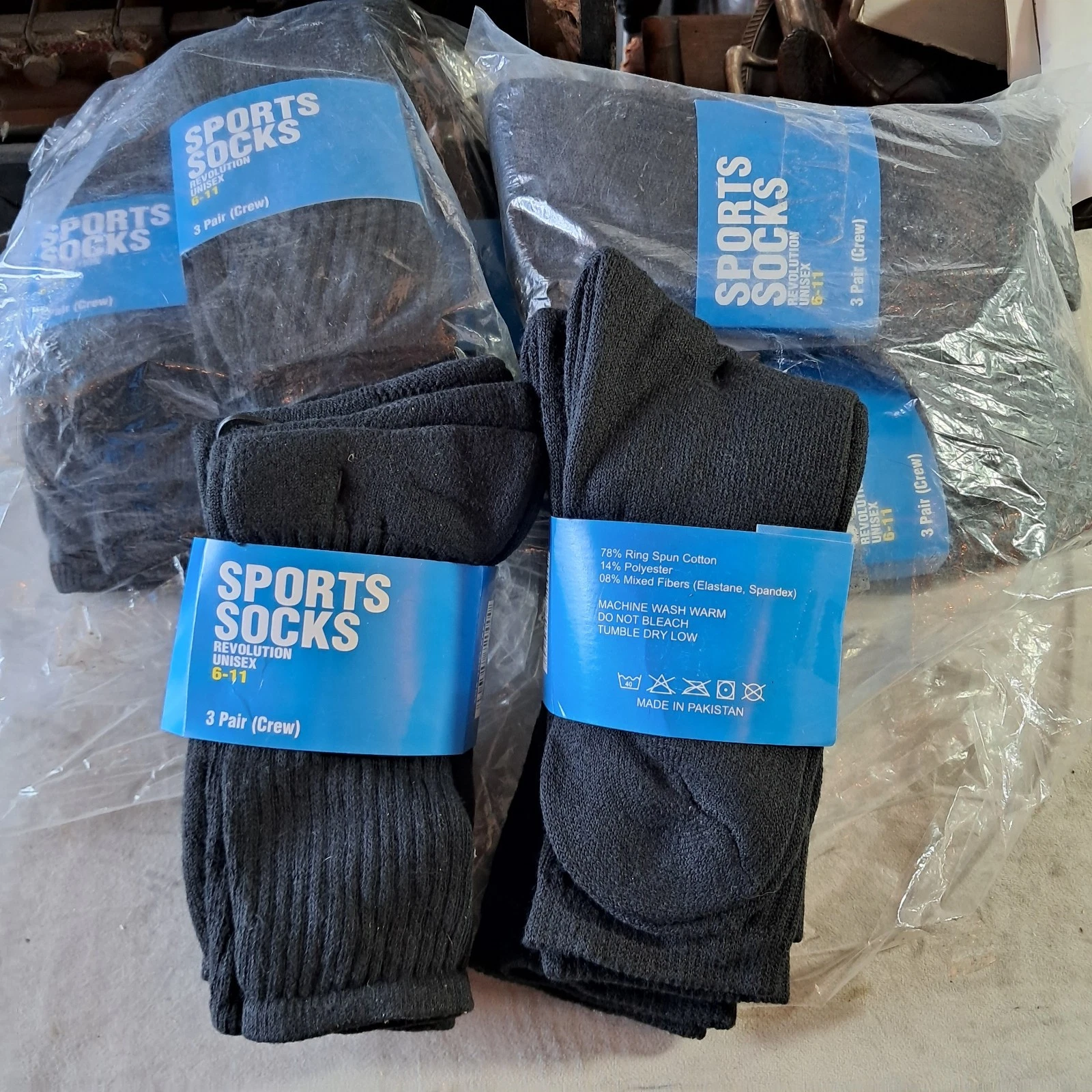 Revolution Unisex Crew Sports Socks, Size 6-11, Black. 8 packs of 3 each. BNWT
