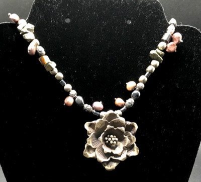 Artisan Made Metal 3d Flower Purple Pearl ,Silver & Faceted Nugget Necklace 18 .