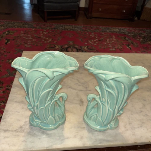 1946 pair McCoy Swan vases perfect match color, 9 1/2 “ Tall ,Mid-Century Modern