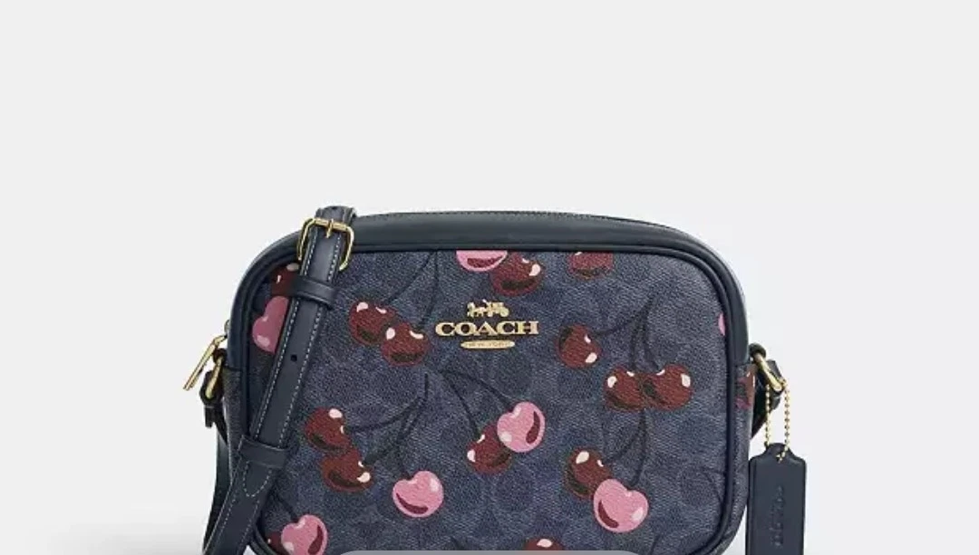 Borsa per fotocamera Coach Jamie nuova con etichetta in tela firmata con stampa ciliegia