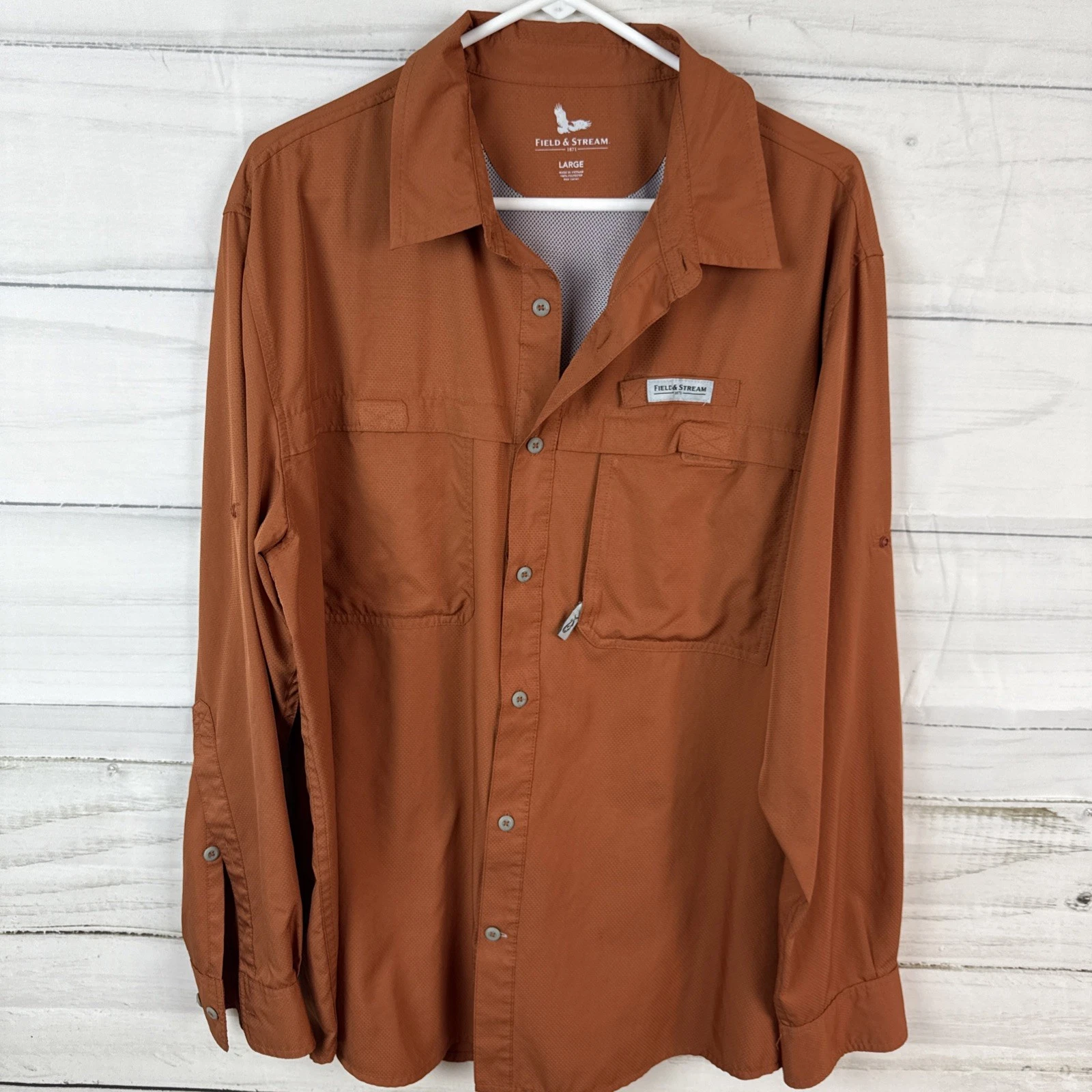 FIELD & STREAM Mens Button Up Outdoorsman Long Sleeve Orange Shirt Size Large